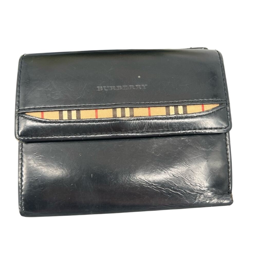 Burberry Dual Compartment Black Leather & Plaid Wallet